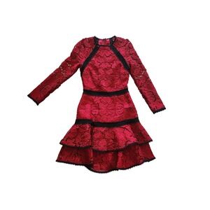 Alexis Kharis Red Lace Mini Dress Long Sleeve Tiered Ruffle Black Trim XS NEW